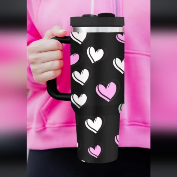 Other - LAST ONE!!  NEW Black Valentines Heart Printed Thermos Cup with Handle 40oz